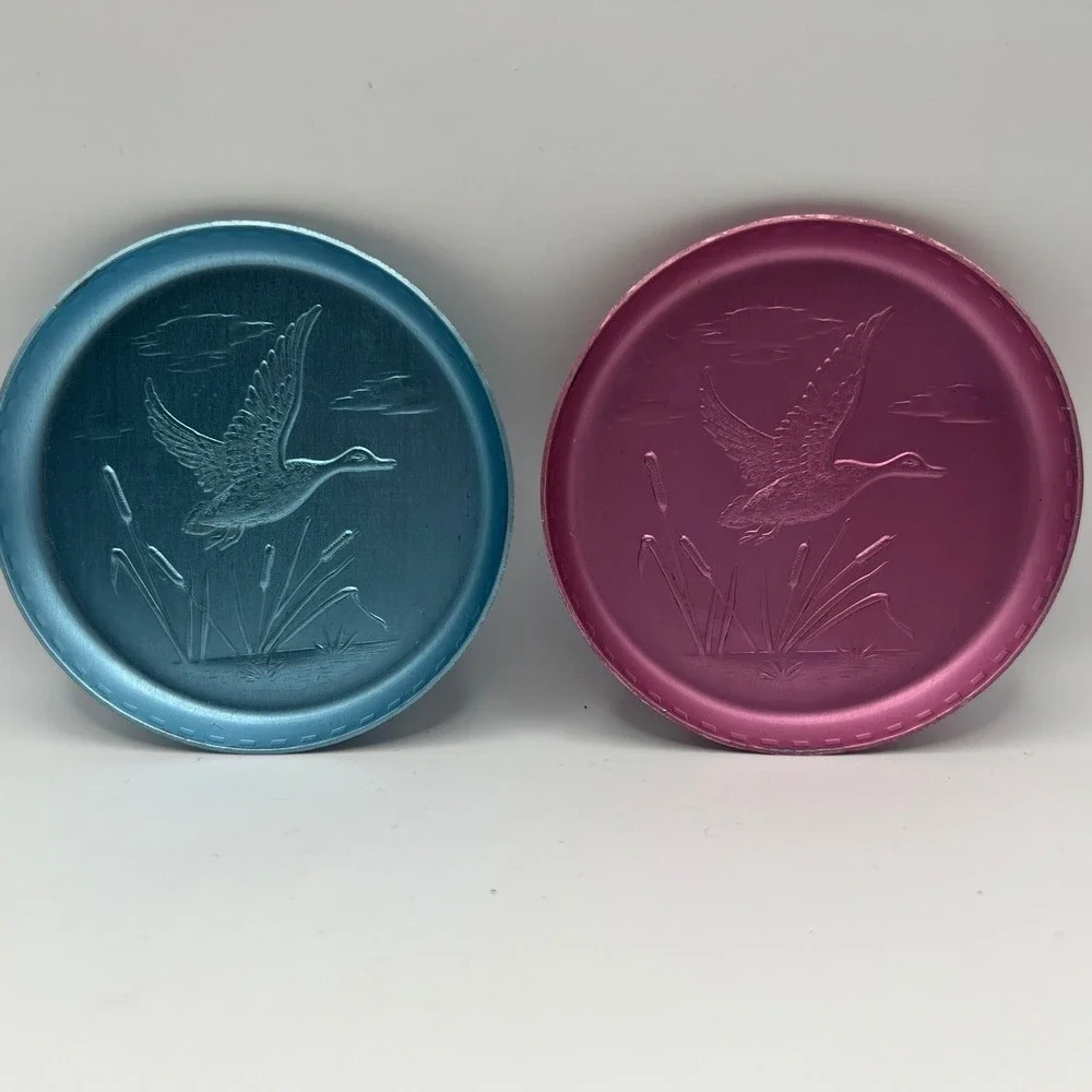 Stanhome Aluminum Duck Coaster Set of 2 Pink Blue 3 inches VTG Cottagecore